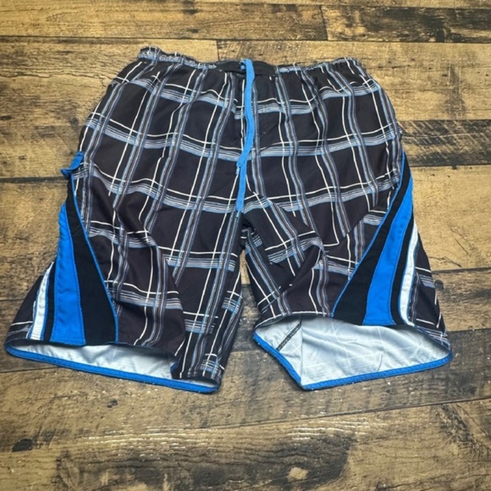 Burnside Plaid Swim Trunks Swimsuit Blue Accents L lined Baggy‎
